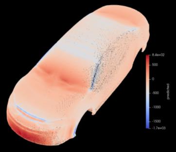 A car body seen from the rear three-quarter, coloured by predicted surface pressure, red over most of the body.