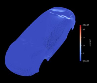 The same car body coloured by the model's predicted standard deviation, near-uniform blue with lighter areas at the roof, A-pillar and front wheel arch.