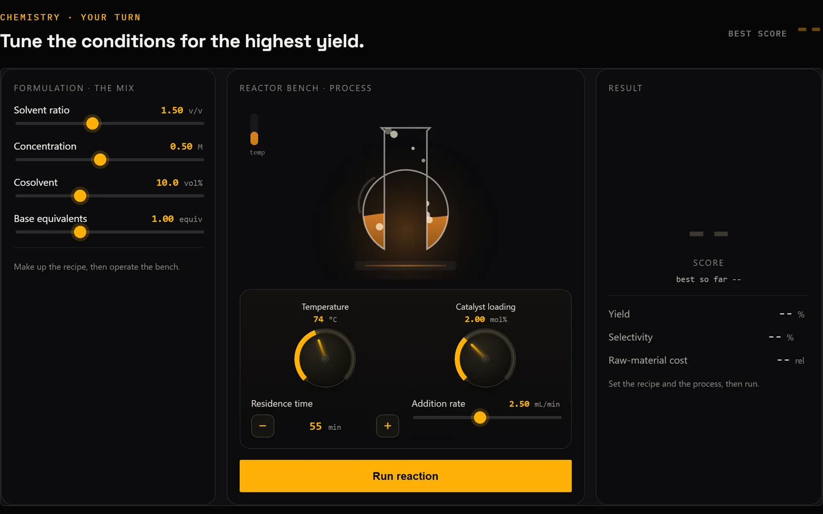 The chemistry challenge screen: process and formulation sliders, a reactor view, and the measured result panel