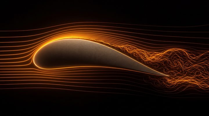 Amber airflow streamlines over an airfoil with a turbulent wake, a CFD flow-field result.
