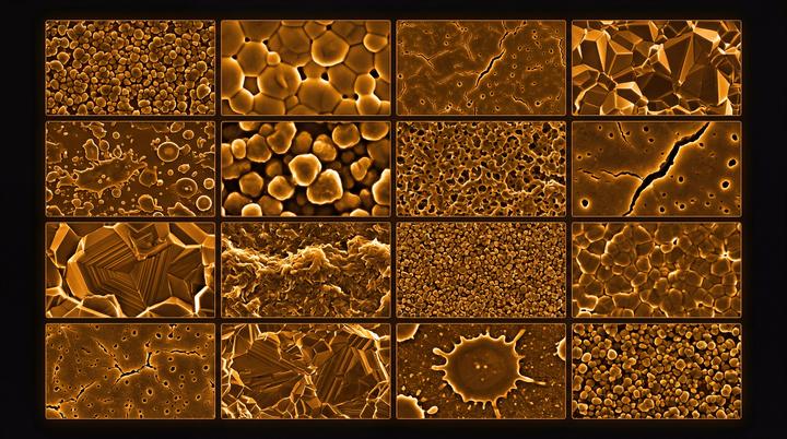 A grid of sixteen amber microscopy tiles of different material surface textures.