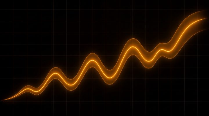 An amber signal curve rising over time with a soft uncertainty band, on a faint grid.