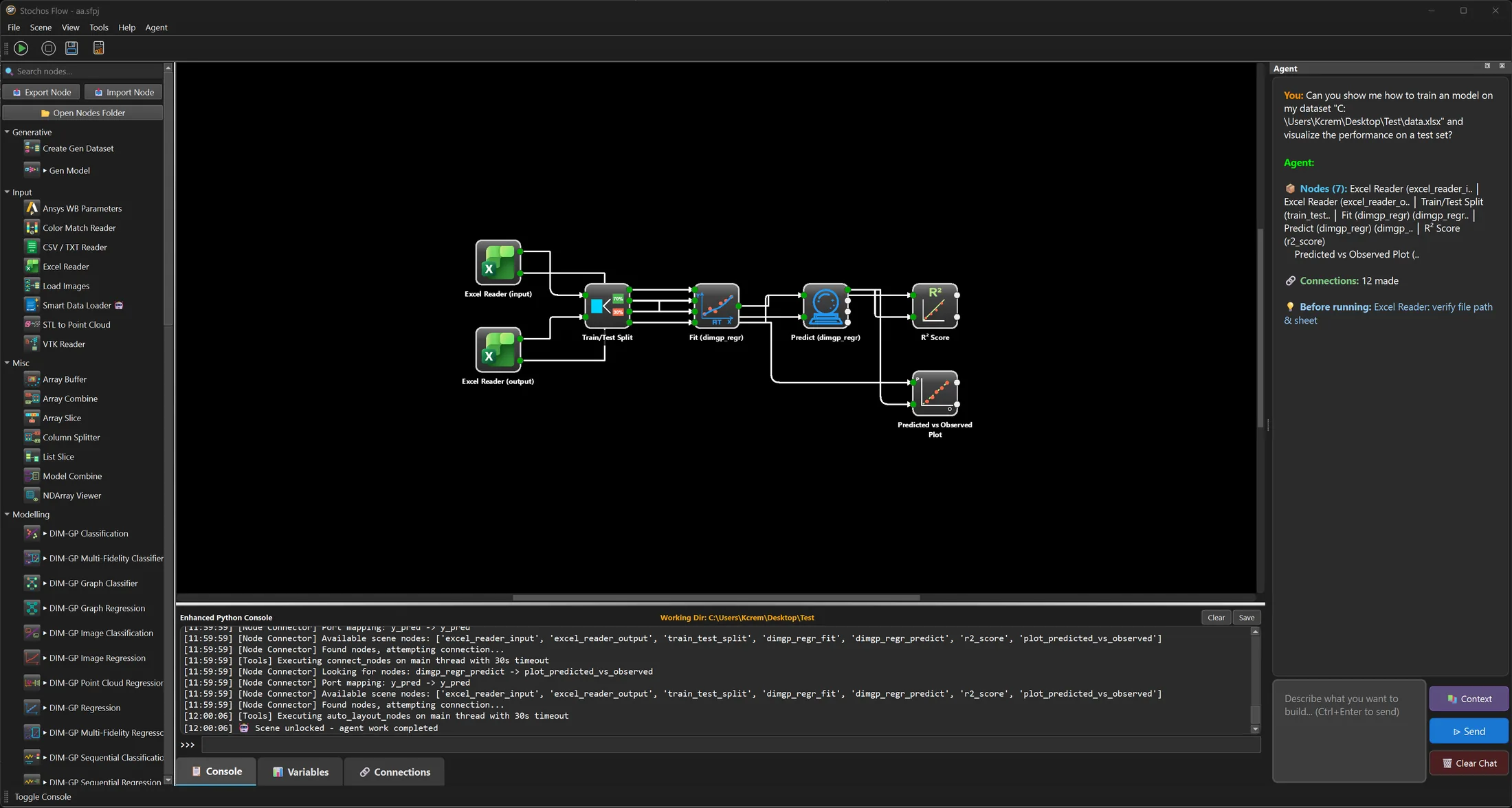 The STOCHOS Flow desktop application. A searchable node palette on the left lists categories including Generative, Input, Misc, and Modelling, with entries such as Excel Reader, Smart Data Loader, DIM-GP Regression, and DIM-GP Multi-Fidelity Regression. The canvas in the middle shows a built pipeline: two Excel Reader nodes feed a Train and Test Split, which feeds a Fit node and a Predict node for DIM-GP regression, ending in an R-squared score and a predicted versus observed plot. A Python console below logs the nodes being connected. On the right an Agent panel shows the request to train a model on a dataset and visualise performance on a test set, answered with a list of seven nodes and twelve connections made.