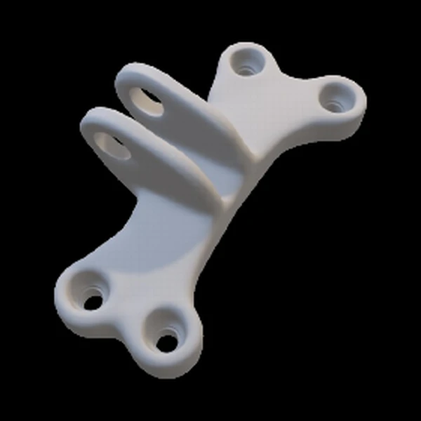 Input bracket design one, a 3D-rendered mounting bracket with boreholes.