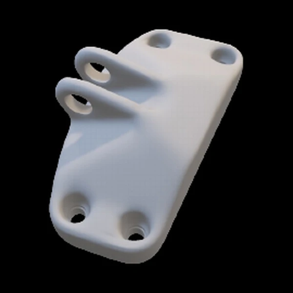 Input bracket design two, a 3D-rendered block mounting bracket with boreholes.