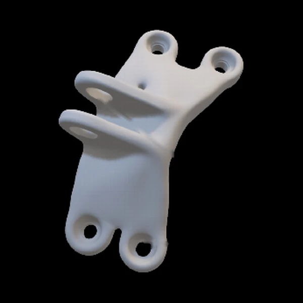 Input bracket design three, a 3D-rendered angled mounting bracket with boreholes.