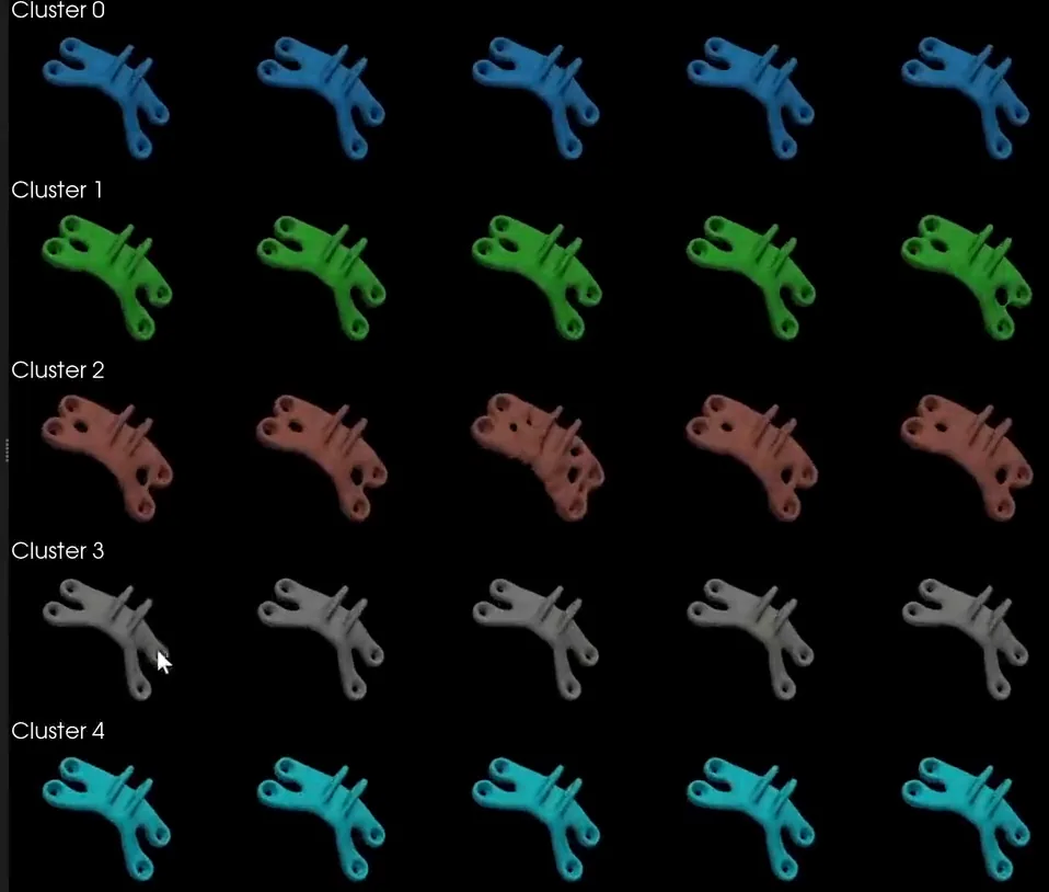 A grid of generated bracket geometry variants grouped into color-coded clusters, produced by STOCHOS from a few input designs.
