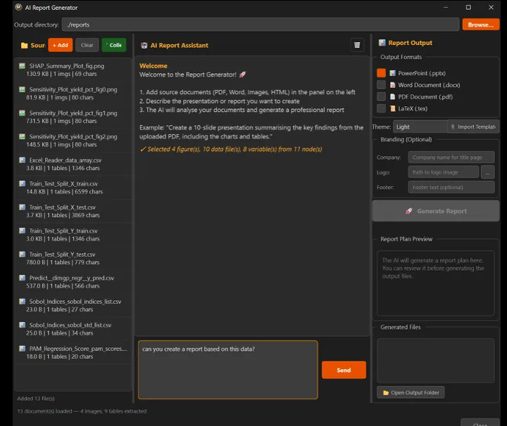 The STOCHOS Flow Report Generator interface with a draft report preview and an output panel offering slide, document, HTML, and PDF export formats.