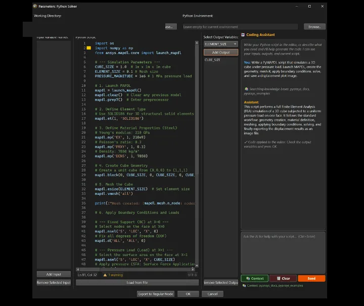 The same coding assistant with the library documentation indexed as a knowledge base, now writing PyMAPDL code that matches the real API.