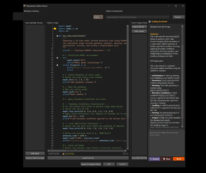 The STOCHOS Flow coding assistant writing PyMAPDL code without the library documentation attached, producing a plausible script that will fail at runtime.