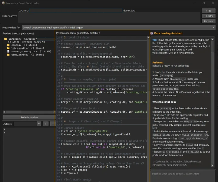 The STOCHOS Flow Smart Data Loader: a file browser on the left, an auto-generated pandas script in the middle, and an assistant panel on the right describing what the script does.