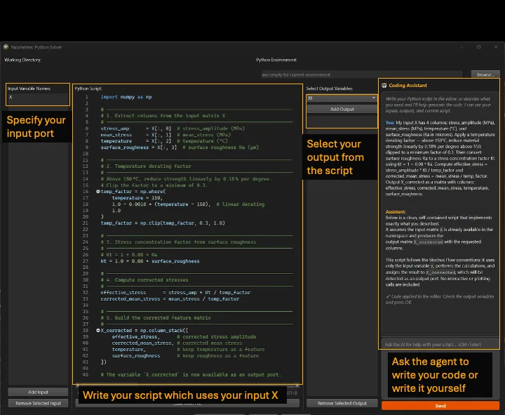 The STOCHOS Flow Python Solver node: input and output ports on the sides, an editable Python script in the middle, and a coding assistant panel that writes the script from a description.