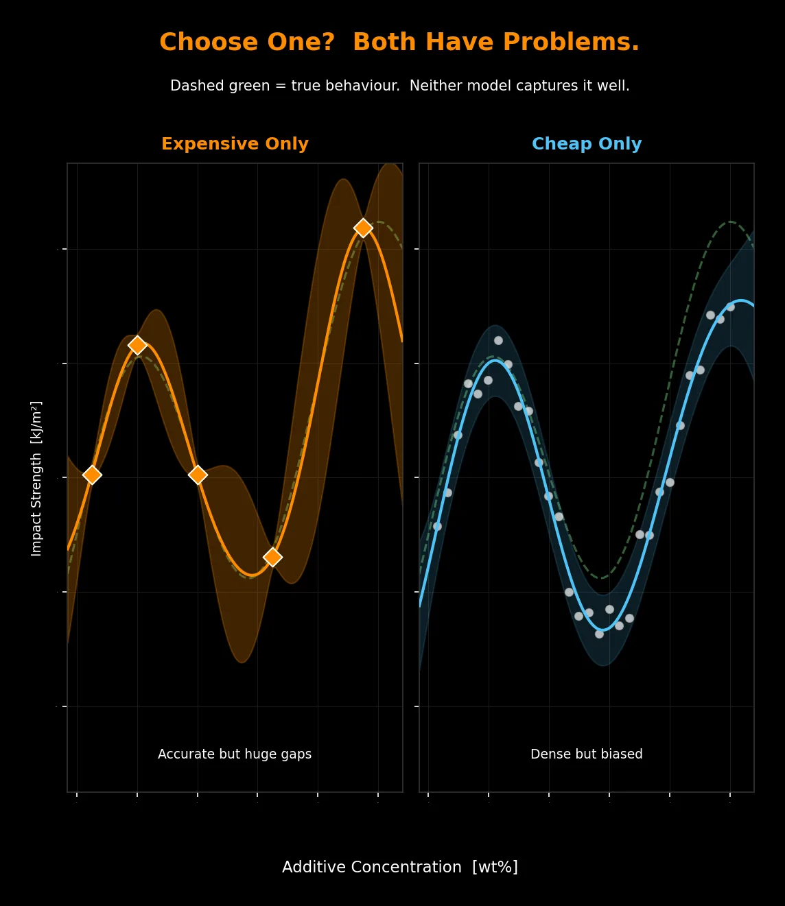 Two panels titled Choose One, Both Have Problems. Expensive only: an accurate fit with large gaps between points. Cheap only: a dense fit that is biased away from the dashed true-behavior curve.