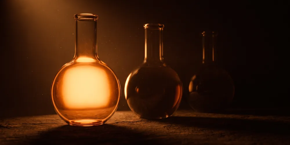 Three round-bottom flasks receding into the dark, the nearest one lit from within