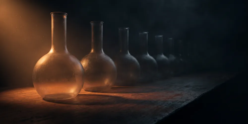 A line of flasks of increasing size fading into haze along a workbench