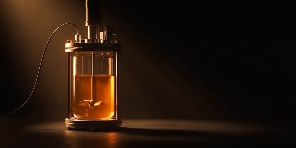 A glass stirred bioreactor with a steel headplate and a feed line entering the top