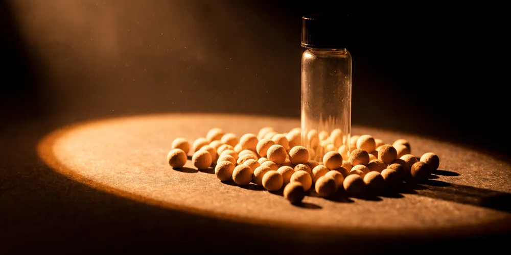 Catalyst pellets spilled across a pool of light with a single capped vial standing among them