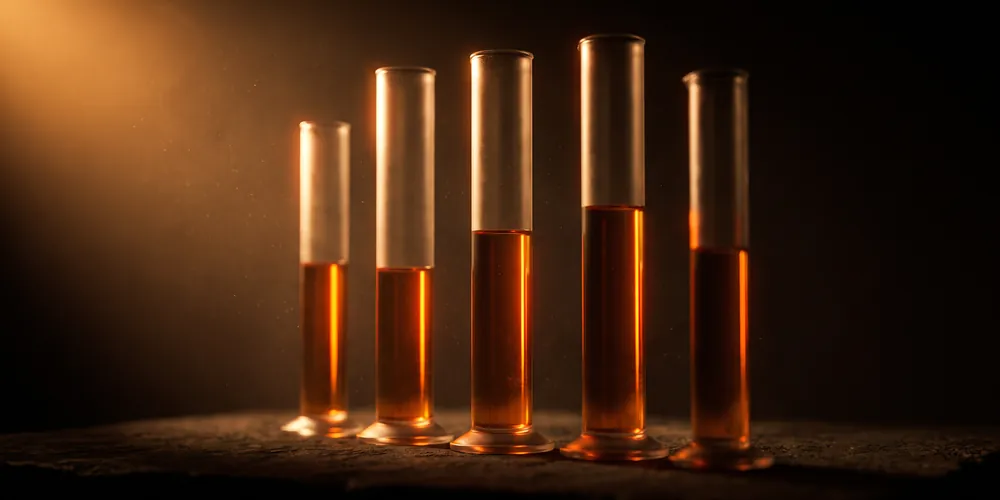 Five graduated cylinders side by side, each filled to a different level
