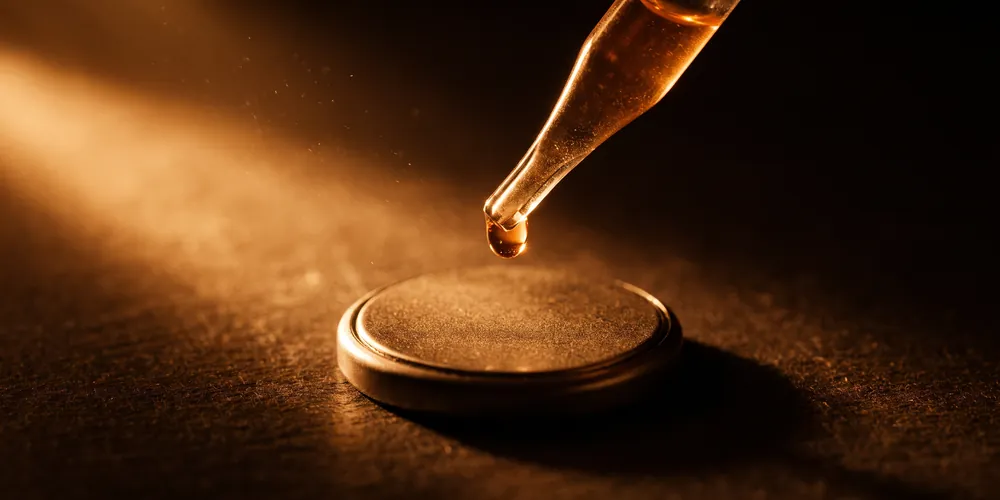 A glass pipette lowering a single drop onto a coin cell