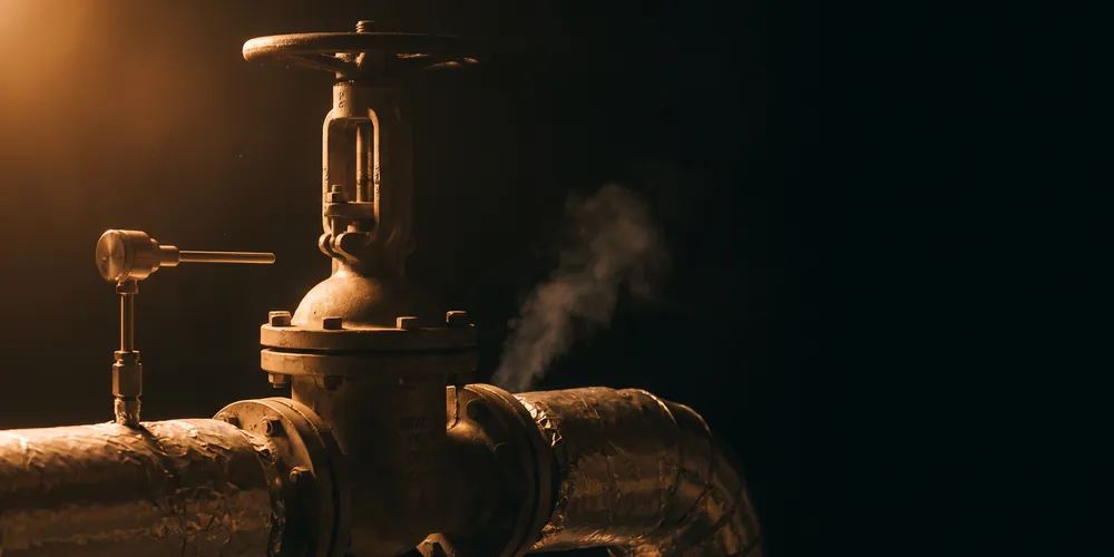An industrial gate valve on lagged pipework with vapour rising from the joint