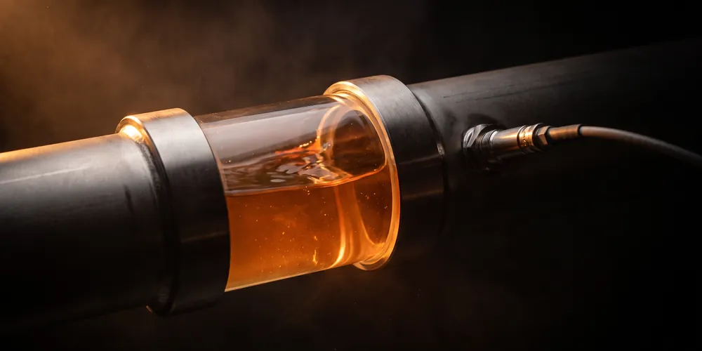 An inline glass flow cell set into a steel pipe run, sensor cable entering at the far side
