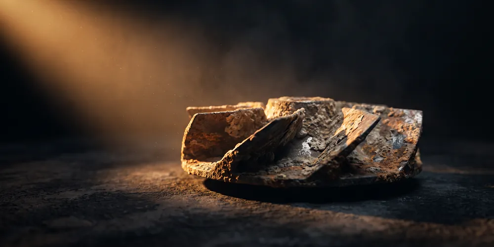 A worn metal component, pitted and corroded through in places, on a dark bench