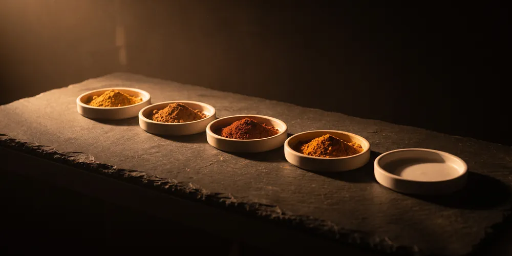 Five pigment dishes on slate, four holding different powders and the fifth empty