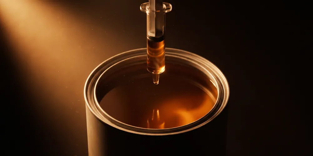 An open paint can seen from above with a dosing syringe lowered to the surface