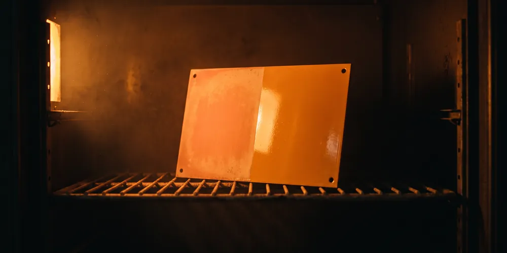 A coated panel on a rack inside a weathering chamber, one half visibly faded