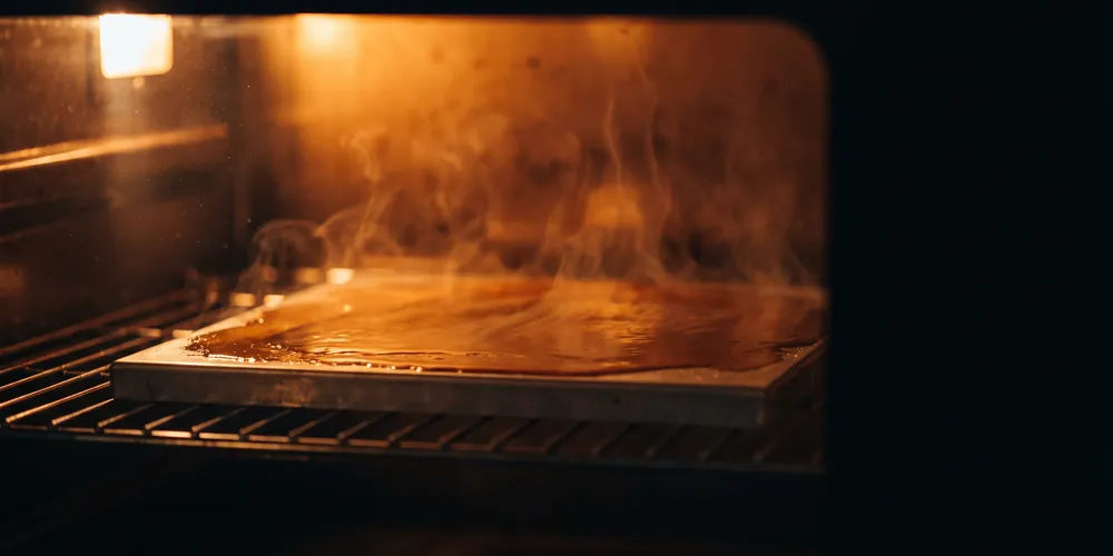 A coated panel on a rack inside a cure oven with heat shimmer rising off the film