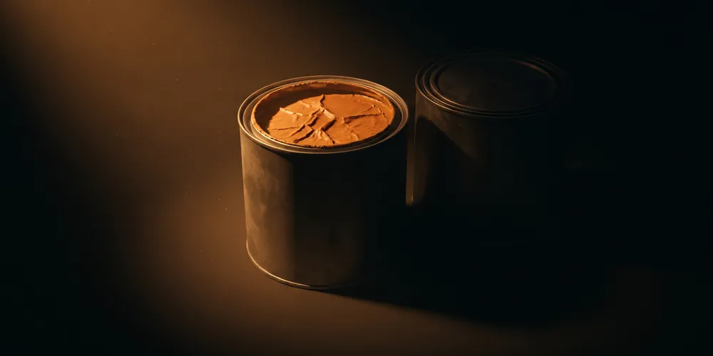 A sealed can beside an open one that has skinned over and cracked