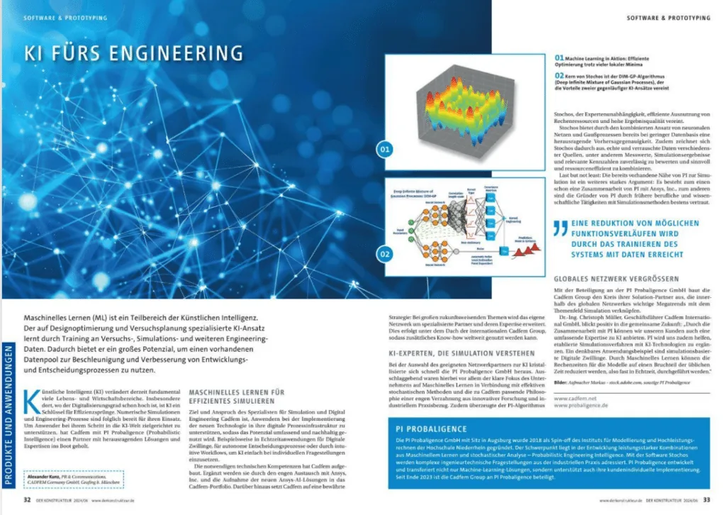 Double-page magazine spread from Der Konstrukteur titled KI fuers Engineering, with a blue network graphic, a 3D response surface plot, and a diagram of the DIM-GP architecture.
