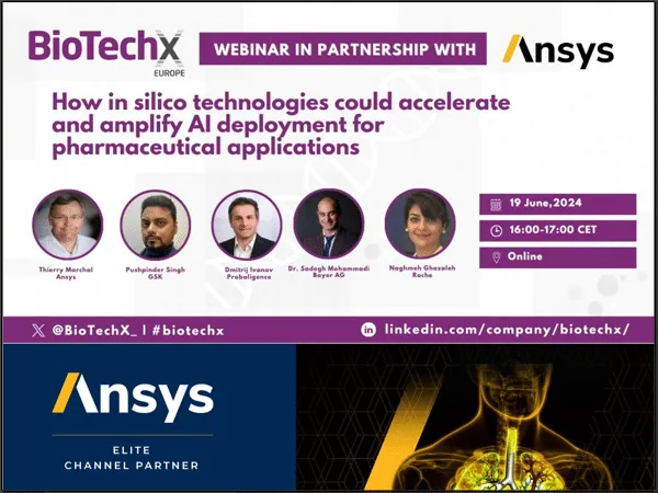BioTechX Europe webinar card, in partnership with Ansys: How in silico technologies could accelerate and amplify AI deployment for pharmaceutical applications, June 19, 2024, 16:00 to 17:00 CET, online, with portraits of the five speakers from Ansys, GSK, Probaligence, Bayer AG, and Roche.