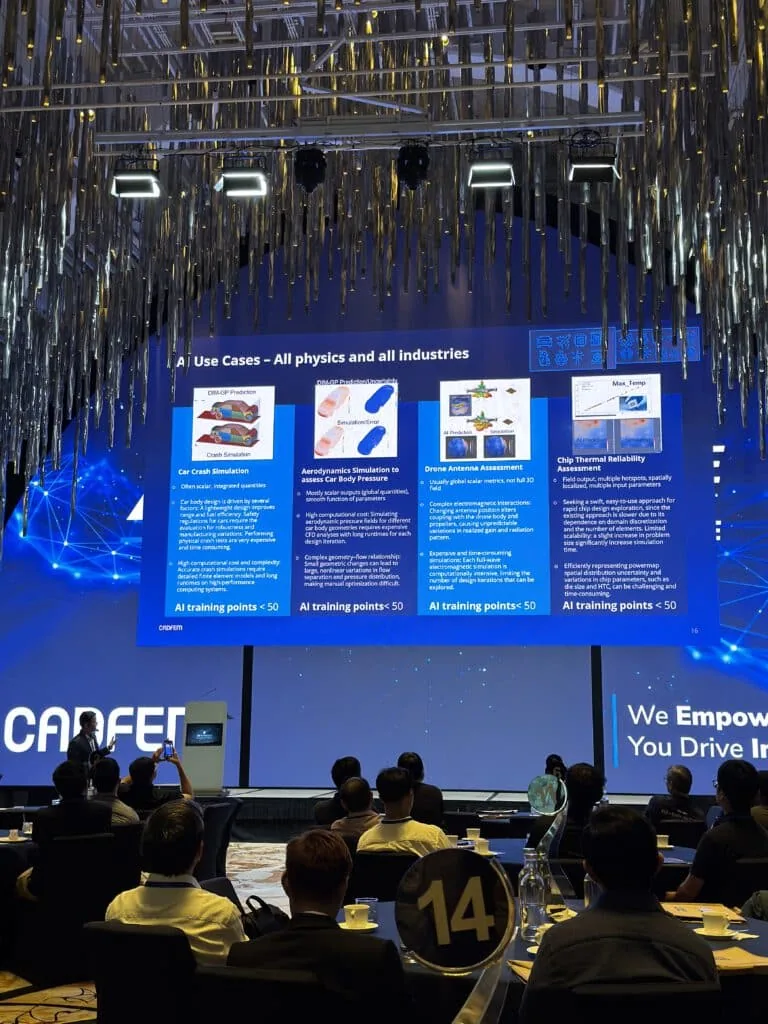 Conference slide presenting AI use cases across physics and industries, including car crash simulation, aerodynamics, drone antenna assessment, and chip thermal reliability, each with fewer than 50 AI training points