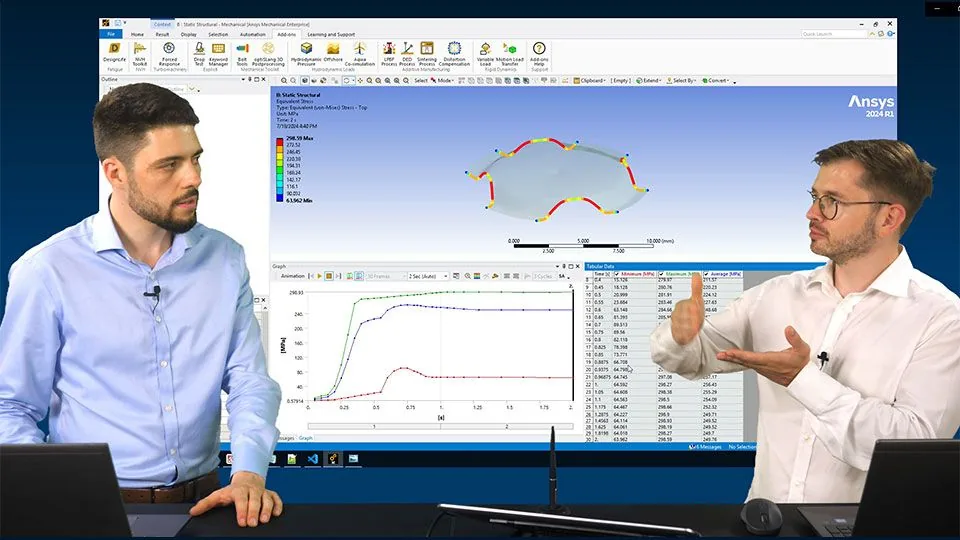 Two presenters of the CADFEM Blueprint series in front of a large screen showing an Ansys Mechanical stress analysis with result curves and tabular data