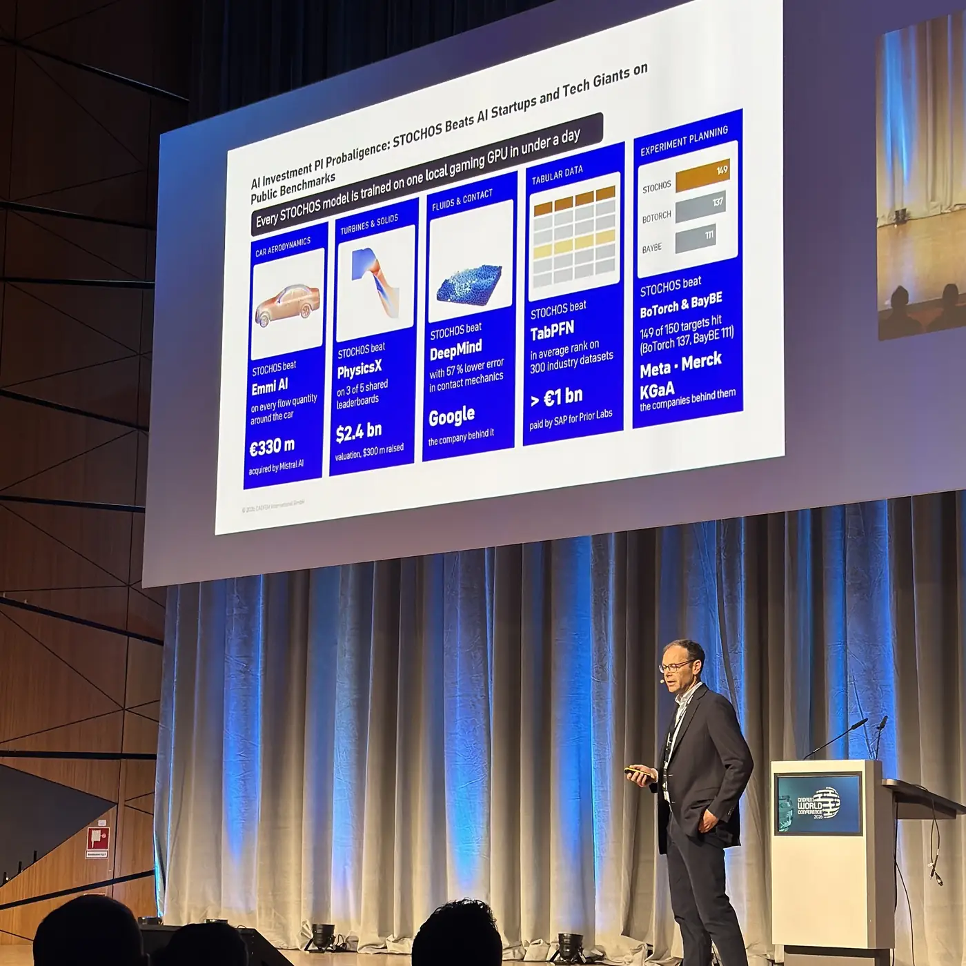 The opening keynote: a speaker under a CADFEM International slide on PI Probaligence and STOCHOS benchmark results.