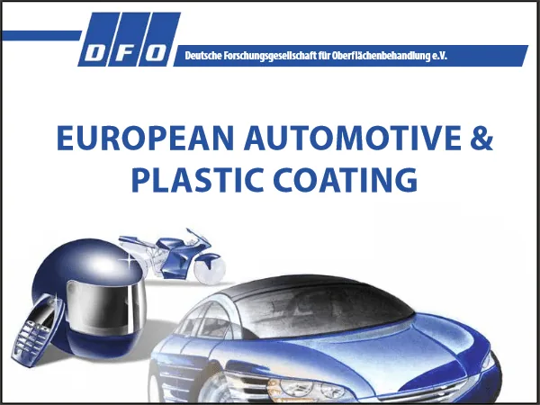 Event banner of the DFO European Automotive & Plastic Coating conference, showing a stylized blue car, motorcycle, and helmet under the event title