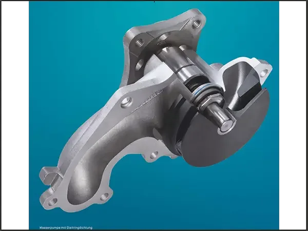 Metal water pump with mechanical seal shown against a teal background