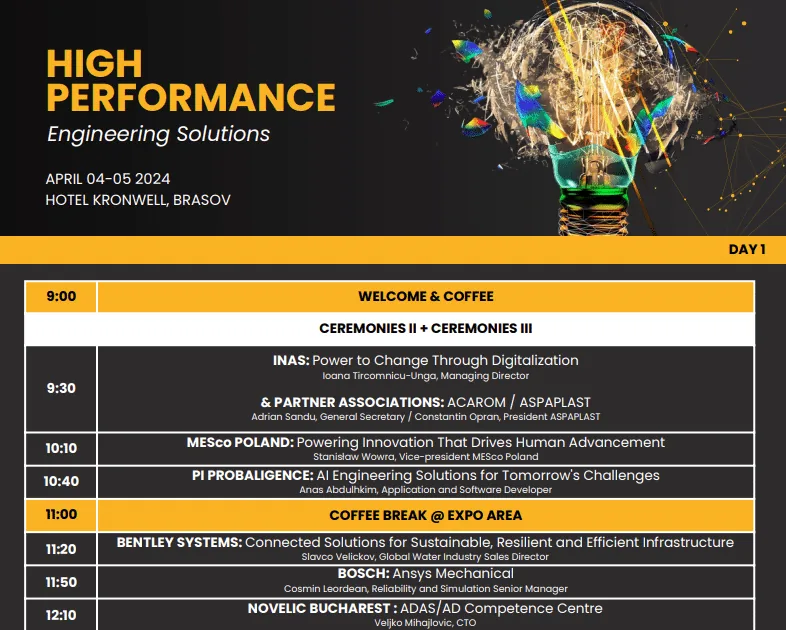 Day 1 agenda of the High Performance Engineering Solutions 2024 event, listing PI Probaligence at 10:40 with the talk AI Engineering Solutions for Tomorrow's Challenges by Anas Abdulhkim, Application and Software Developer.