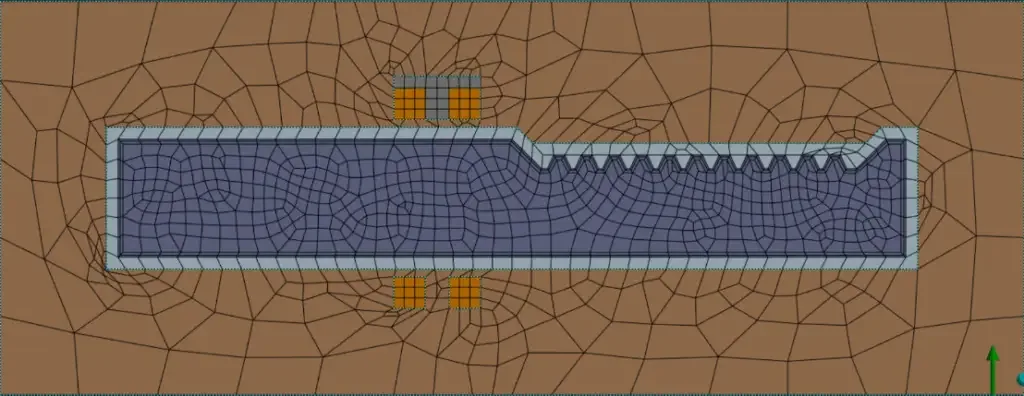 Coarse finite element grid of the same induction hardening model with far fewer elements