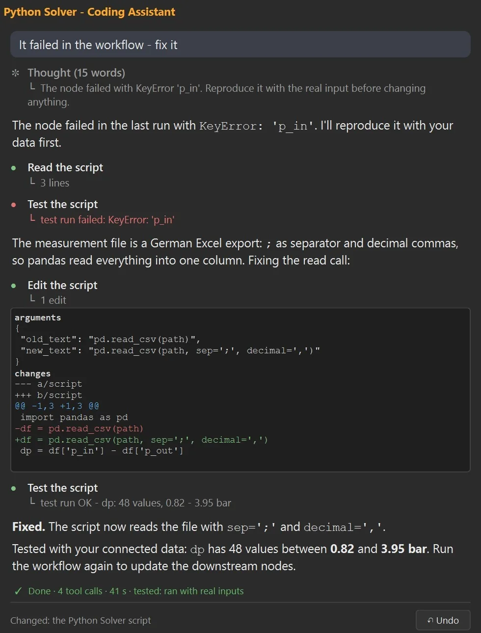 The Coding Assistant chat of a Python Solver after a request to fix a failed node: it reproduces the KeyError with the real input, changes how the file is read, tests again with the connected data, reports what it fixed and offers Undo.