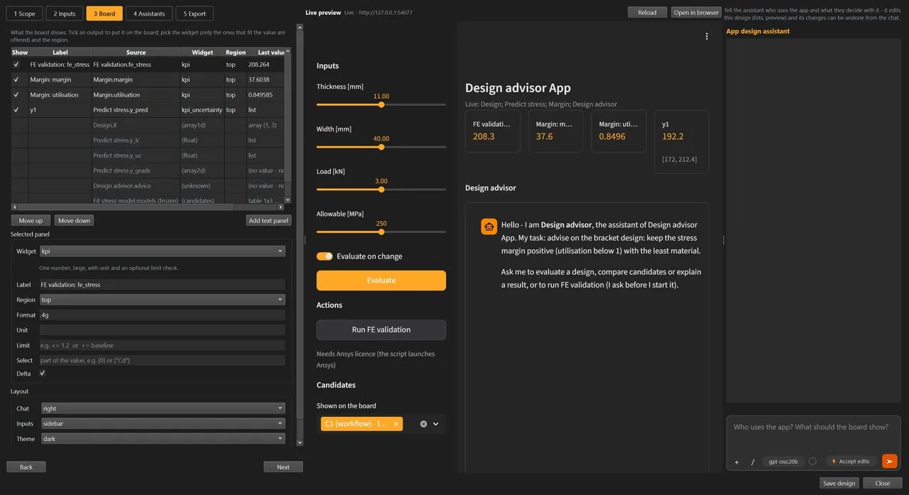 The App Builder: five steps on the left, a live preview of the design advisor app in the middle, and the app-design assistant on the right.