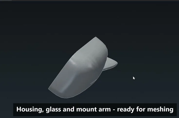 A car side mirror with housing, glass and mount arm, ready for meshing.