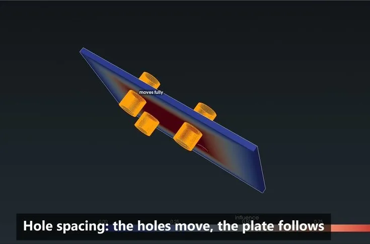 Morphing an existing part: the hole spacing changes, the holes move and the plate follows.