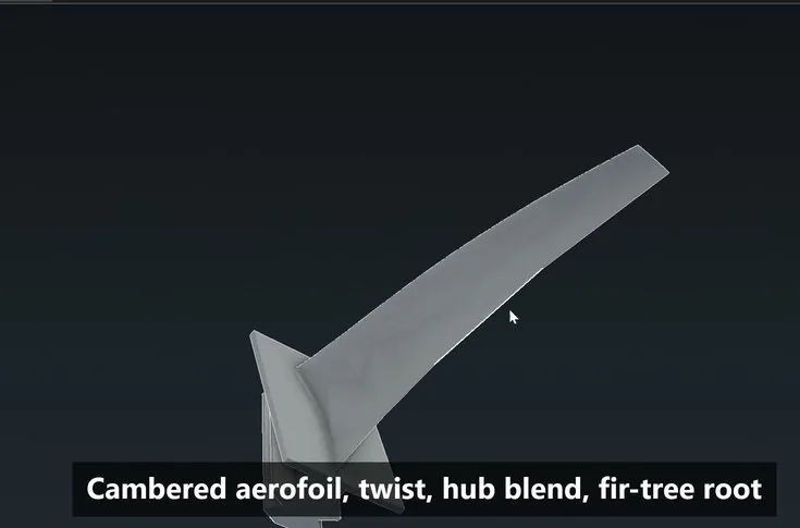 A turbine blade generated from a sentence: cambered airfoil, twist, hub blend and fir-tree root.
