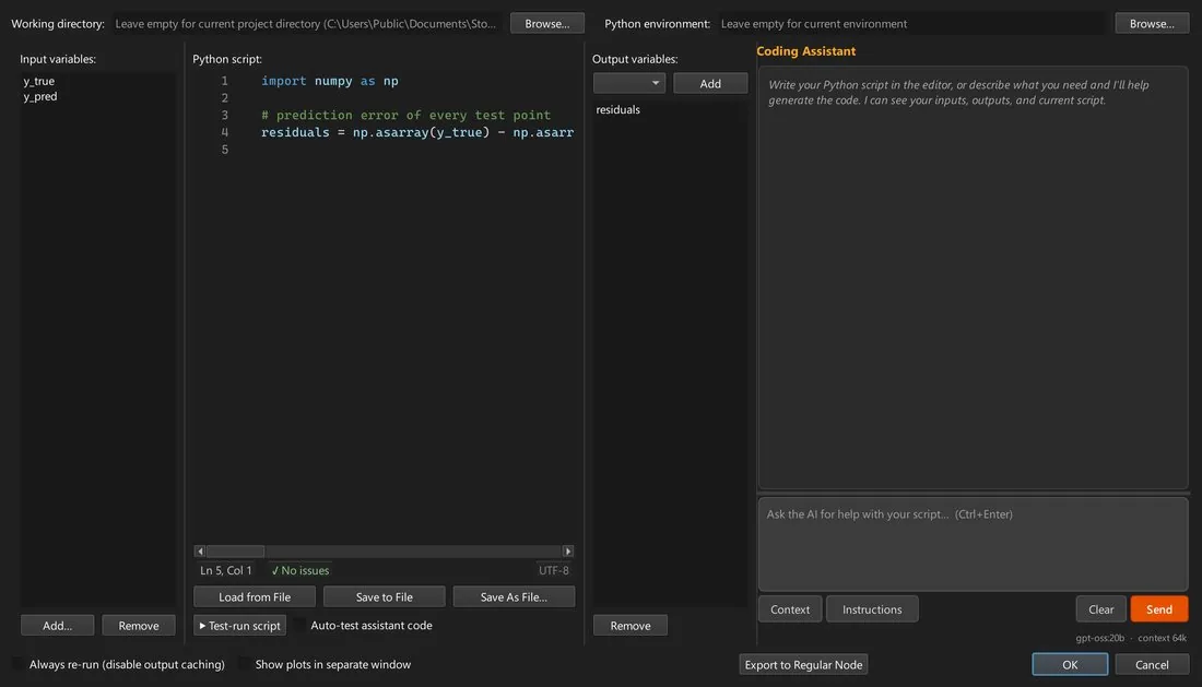 The Python Solver dialog: input variables, the script editor with a No issues check and the options Test-run script and Auto-test assistant code below it, output variables, and the Coding Assistant panel.