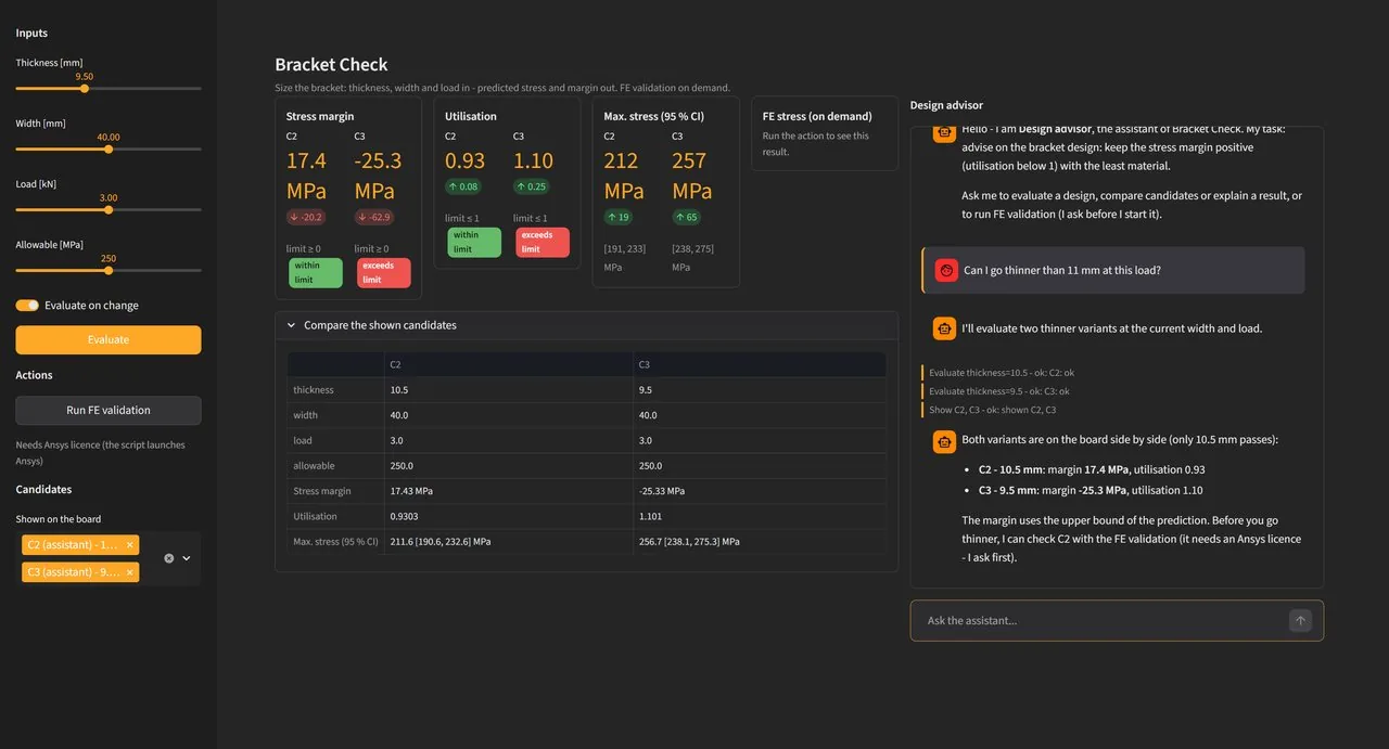 The exported Bracket Check app in the browser: inputs on the left, KPIs and two compared design variants on the board, and the design advisor chat on the right.