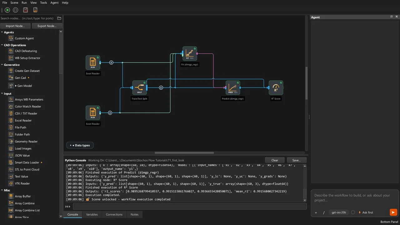The redesigned STOCHOS Flow window: the node library on the left, a workflow from two Excel readers through Train/Test Split, Fit and Predict to R2 Score on the canvas, the Python console below and the agent chat on the right.