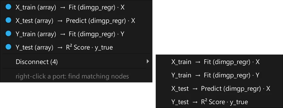 The menu of a port listing every connection, for example X_train (array) to Fit (dimgp_regr) X, with a Disconnect submenu for single wires.