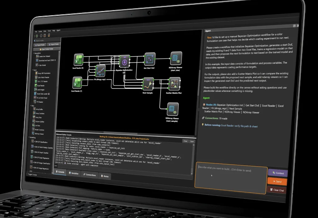 Laptop showing the STOCHOS Flow node editor with a Bayesian optimization workflow on the canvas, a Python console, and the agent chat panel on the right